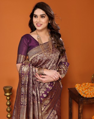 YASHIKA Floral Print Kanjivaram Art Silk Saree(Purple)