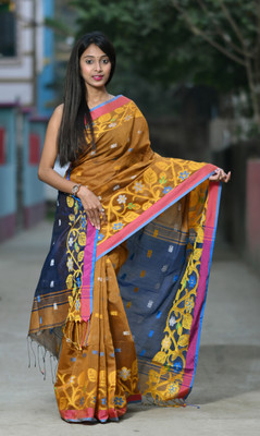CommonHouseee Printed Handloom Pure Cotton Saree(Brown, Dark Blue)