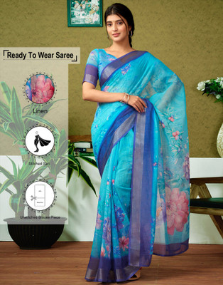 Samah Digital Print, Floral Print, Embellished Bollywood Linen Saree(Blue)