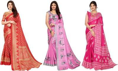 YASHIKA Printed Daily Wear Art Silk Saree(Pack of 3, Red, Pink)