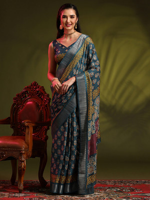 Divastri Printed Madurai Silk Blend Saree(Dark Blue)