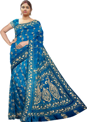 SHRISTI CLOTHINGS Embroidered Kantha Silk Blend Saree(Blue)