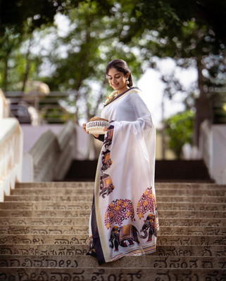 Aika Printed Bollywood Cotton Blend Saree(White)