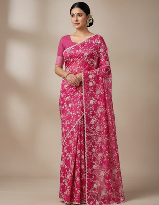 Rupdarshi Floral Print, Embroidered, Printed, Embellished Lucknow Chikankari Organza Saree(Pink)