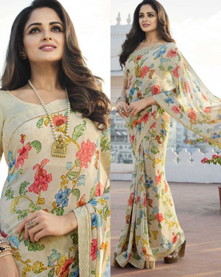 RUKHA FAB Printed Bollywood Georgette, Chiffon Saree(White, Pink)