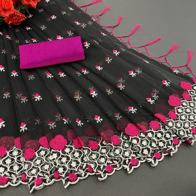 TIRTH CREATION Embroidered Bollywood Supernet Saree(Black)