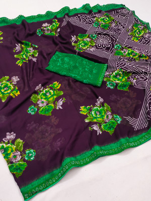 kashvi sarees Embellished, Floral Print Bollywood Georgette, Lace Saree(Brown, Green)