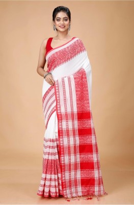 Bhadra Self Design Handloom Pure Cotton Saree(White, Red)