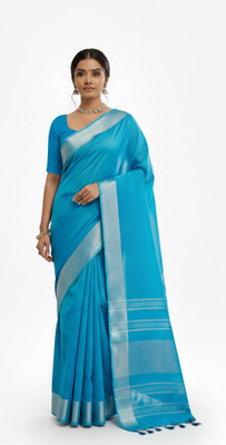 tz creations Dyed Bhagalpuri Cotton Linen Saree(Light Blue)