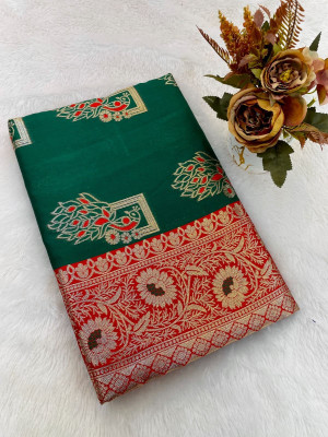 RS Creations Woven, Floral Print, Temple Border, Embellished Ikkat Cotton Silk Saree(Green)
