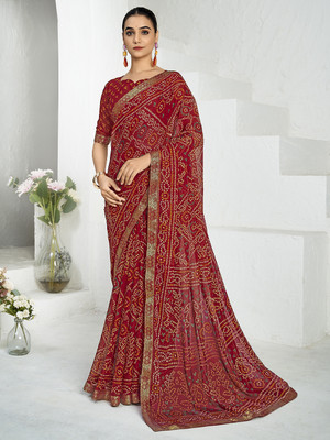 Sangria Polka Print Bandhani Chiffon Saree(Red)