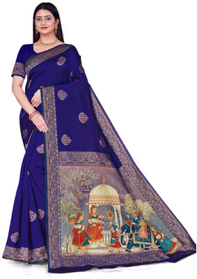 sarees Woven Saree with Attached Blouse Silk Blend, Jacquard Saree(Dark Blue)