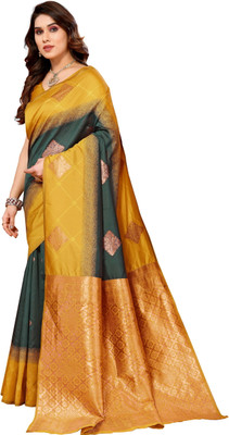 Soor Panchi Woven Kanjivaram Pure Silk Saree(Dark Green, Yellow)
