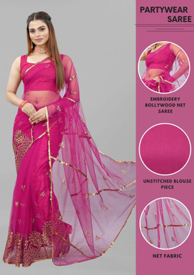 Yashvi Designer Embroidered Bollywood Net Saree(Pink)