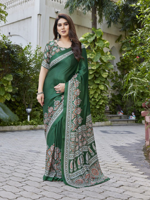 NIRMOHIFASHION Printed Bollywood Chiffon, Satin Saree(Green, White)