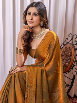 Vichitra Solid/Plain Bollywood Silk Blend Saree(Gold)