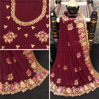 MIYANIFAB Embroidered Bollywood Georgette Saree(Brown)