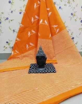 MAYAK HANDLOOM Printed, Blocked Printed, Hand Painted Ikkat Pure Cotton Saree(Orange, White)