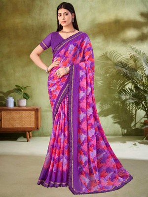Tasrika Floral Print, Geometric Print, Digital Print, Printed Bollywood Chiffon Saree(Purple)