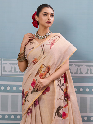 SOHINI NX Printed, Woven Bollywood Cotton Blend Saree(Beige)