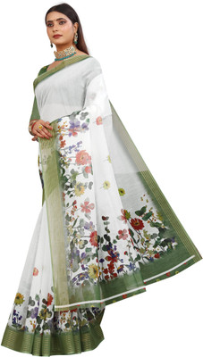HouseOfCommon Printed Kanjivaram Pure Cotton, Chanderi Saree(White, Green)