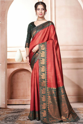 ROOP LAVANYA Woven Kanjivaram Jacquard, Art Silk Saree(Maroon, Green)