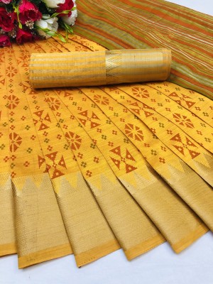 PRIYESHA TEXTILES Printed Assam Silk Cotton Silk Saree(Yellow)