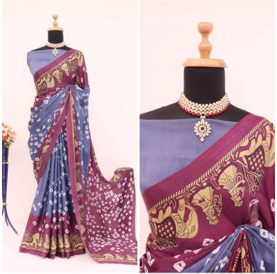 HousOfCommon Animal Print Bandhani Crepe, Silk Blend Saree(Grey, Purple)