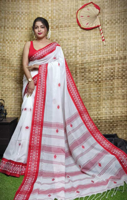 ADIVASI SHOP Printed Tant Cotton Blend Saree(White, Red)