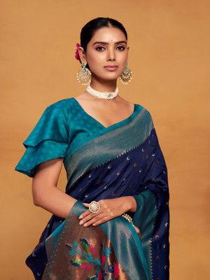 Divastri Woven Paithani Silk Blend Saree(Blue)
