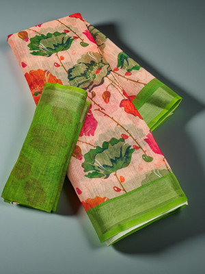 parakhiya fab Floral Print, Printed Daily Wear Cotton Linen Saree(Yellow)