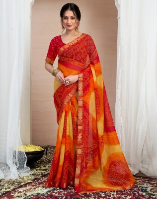 SIRIL Printed, Geometric Print, Embellished Bandhani Chiffon Saree(Red, Yellow, Orange)