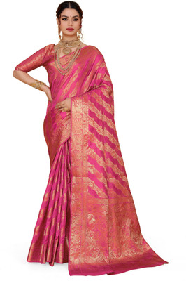 Jay fashion Striped Banarasi Organza Saree(Pink)