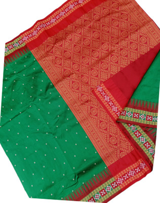 Hozaifa Sarees Temple Border, Woven Sambalpuri Art Silk Saree(Dark Green)