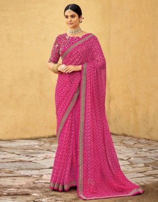 Divastri Printed, Embroidered, Embellished Bandhani Georgette Saree(Pink, Gold)