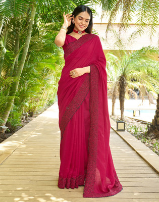 Satrani Dyed, Embroidered, Embellished Bollywood Silk Blend Saree(Pink)