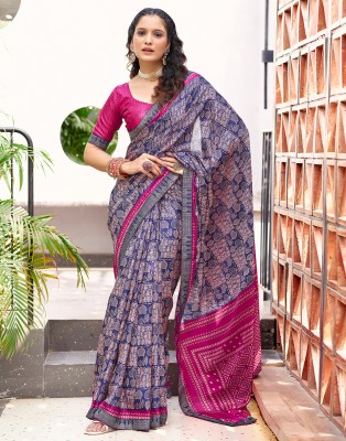 Samah Printed, Embellished Bollywood Georgette, Chiffon Saree(Dark Blue, Pink)
