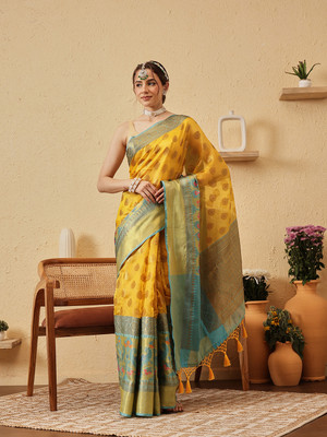 SILK ZONE Woven Banarasi Art Silk Saree(Yellow)