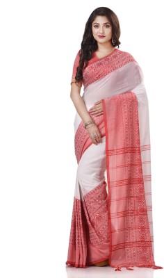 Desh Bidesh Woven Handloom Handloom Pure Cotton Saree(Red, White)