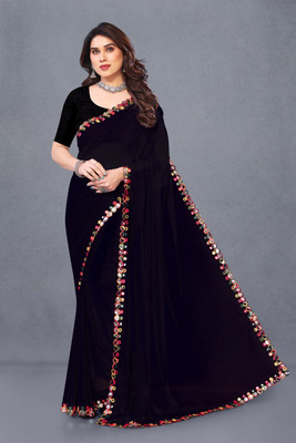 Herink Fashion Solid/Plain Bollywood Georgette Saree(Black)