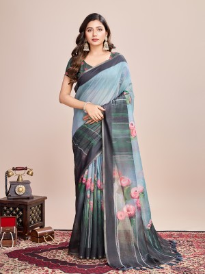 Verviza Geometric Print, Hand Painted Bollywood Cotton Linen Saree(Pack of 2, Pink, Brown)