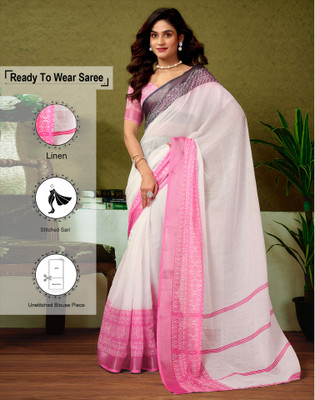 Satrani Digital Print, Floral Print, Printed Bollywood Linen Saree(White)