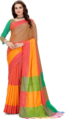 SuperLaxmi Color Block Banarasi Pure Silk Saree(Orange)