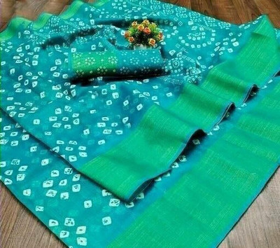 METHRIN CREATION Polka Print Bandhani Cotton Blend Saree(Light Blue)