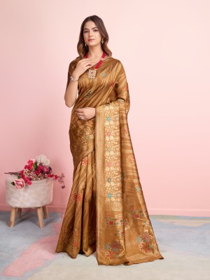 RICH & ROMAN Embellished, Woven Banarasi Jacquard, Pure Silk Saree(Mustard)