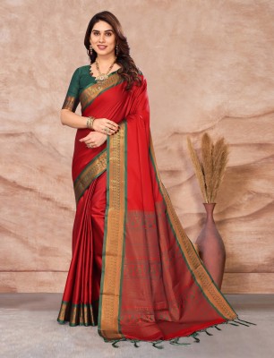Fashion Club Collection Self Design, Woven Banarasi Cotton Silk, Jacquard Saree(Red)