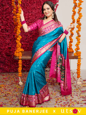 Divastri Woven Patola Silk Blend Saree(Blue, Pink)