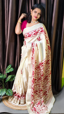 Suto Woven Berhampuri Art Silk Saree(Cream)