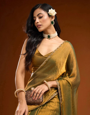 Samah Solid/Plain, Embellished Bollywood Chiffon Saree(Gold)