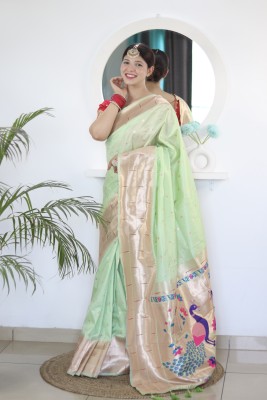 ZILVIRA Woven, Polka Print, Embellished, Applique, Dyed Paithani Pure Silk, Art Silk Saree(Green)